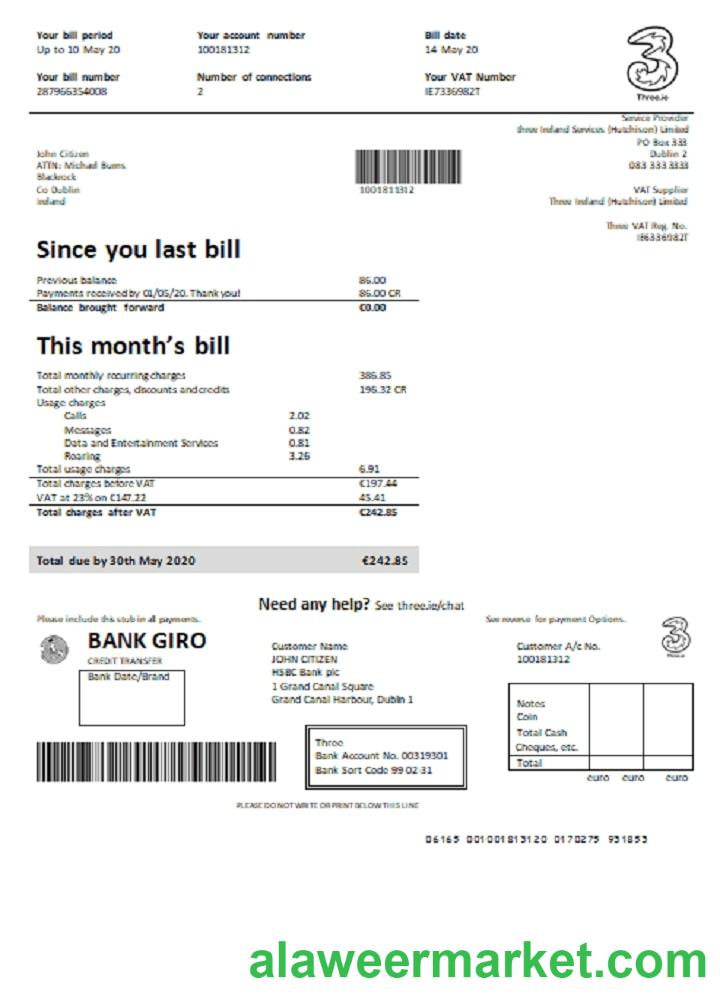 Ireland Three.ie utility bill